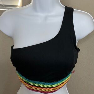 437 - Peixoto NWT Black Rainbow One Shoulder Bikini Top, Size Large